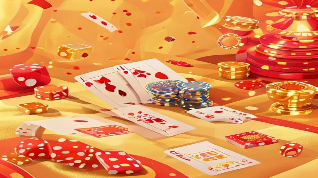 77 Lottery vibrant lottery and casino scene with playing cards, golden coins and confetti